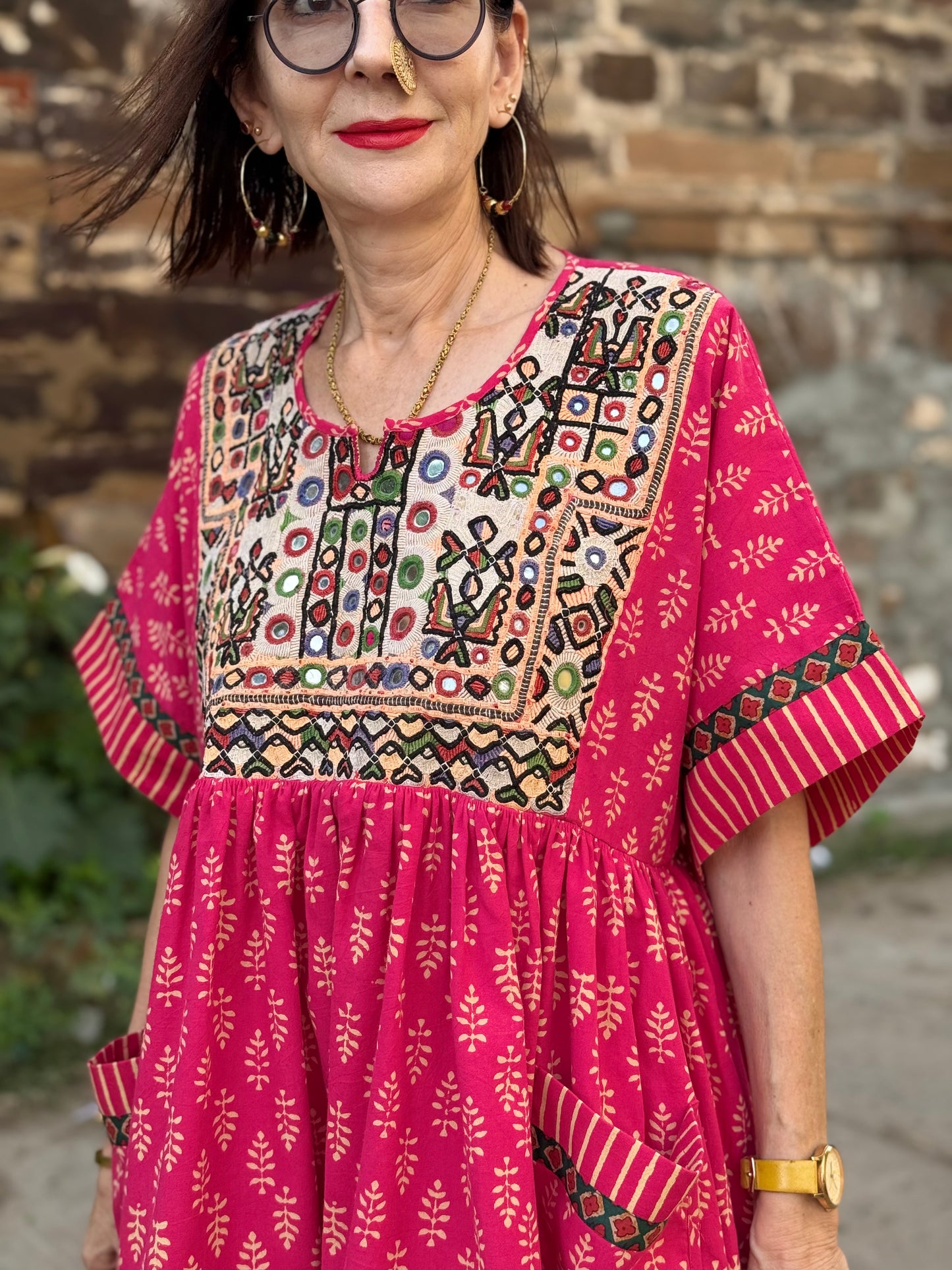 Reserved for Shanthini - Festive Pink Artisan Tunic with Mirror Embroidery