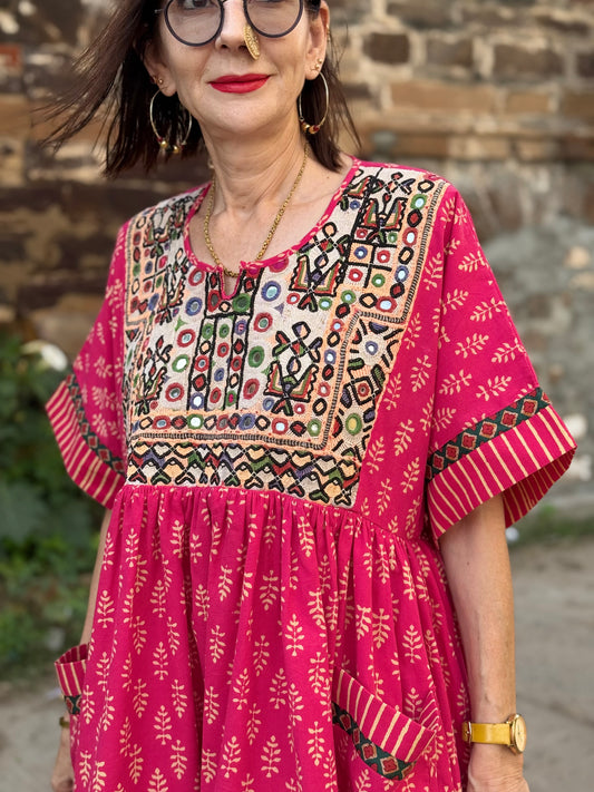 Reserved for Shanthini - Festive Pink Artisan Tunic with Mirror Embroidery