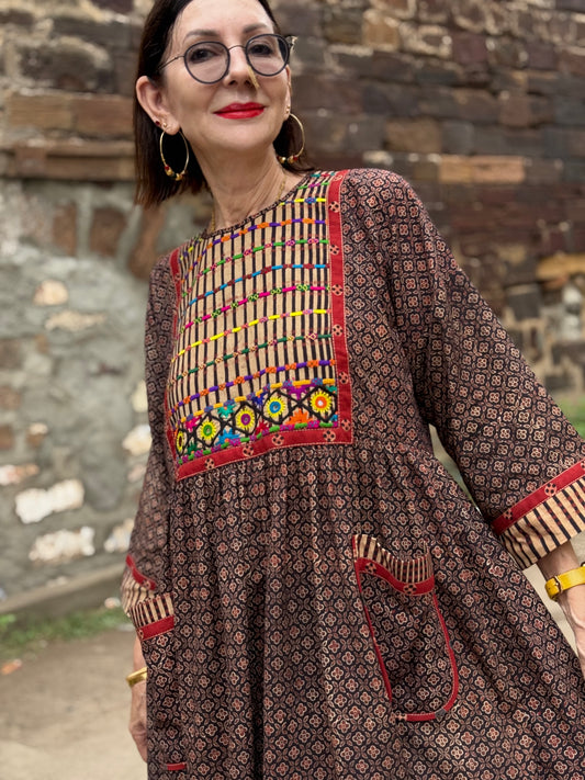 Ajrakh Cotton Dress with Kutch Hand Embroidery