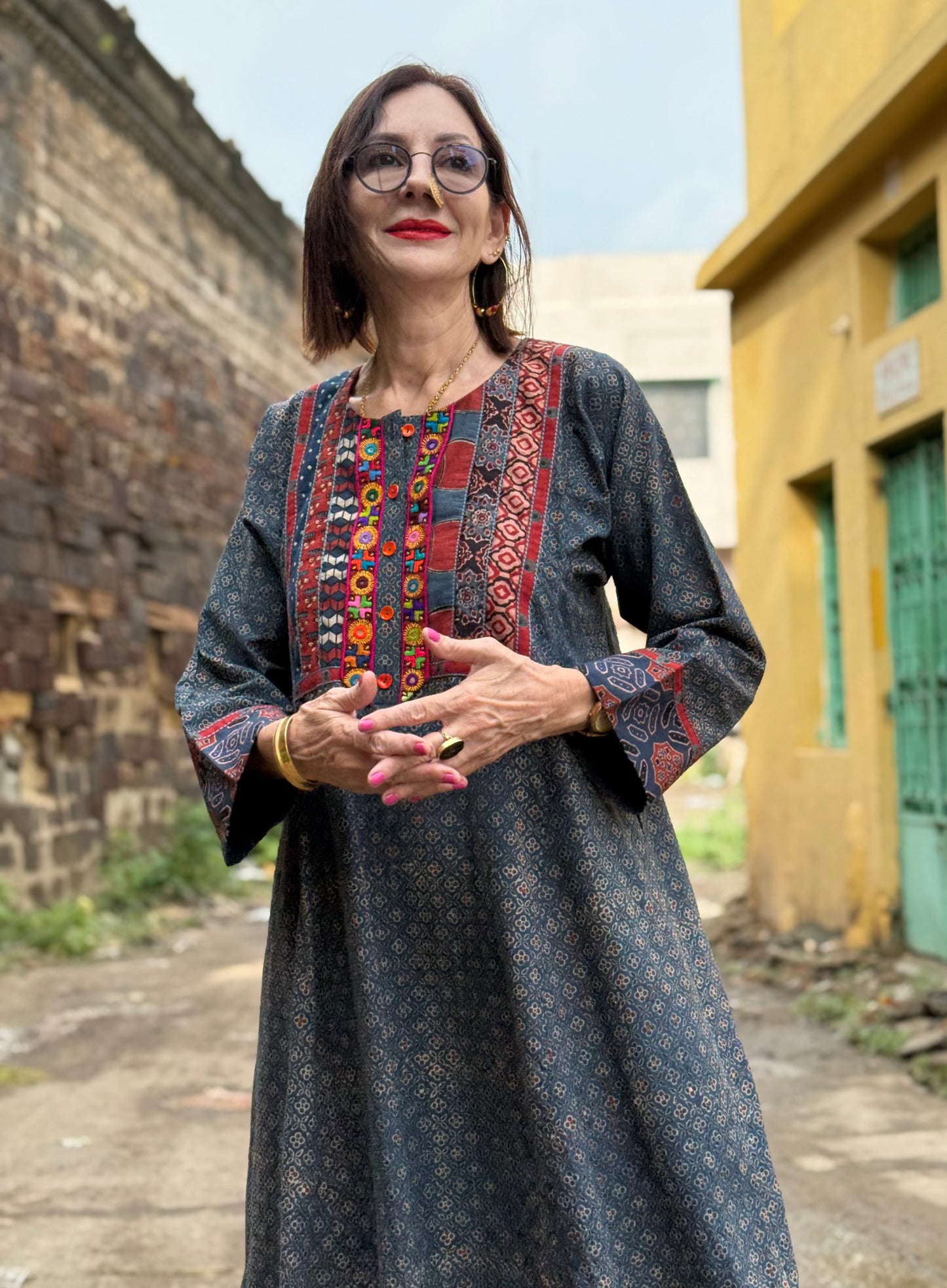 Indigo Ajrakh Kurta with Kutch Embroidery