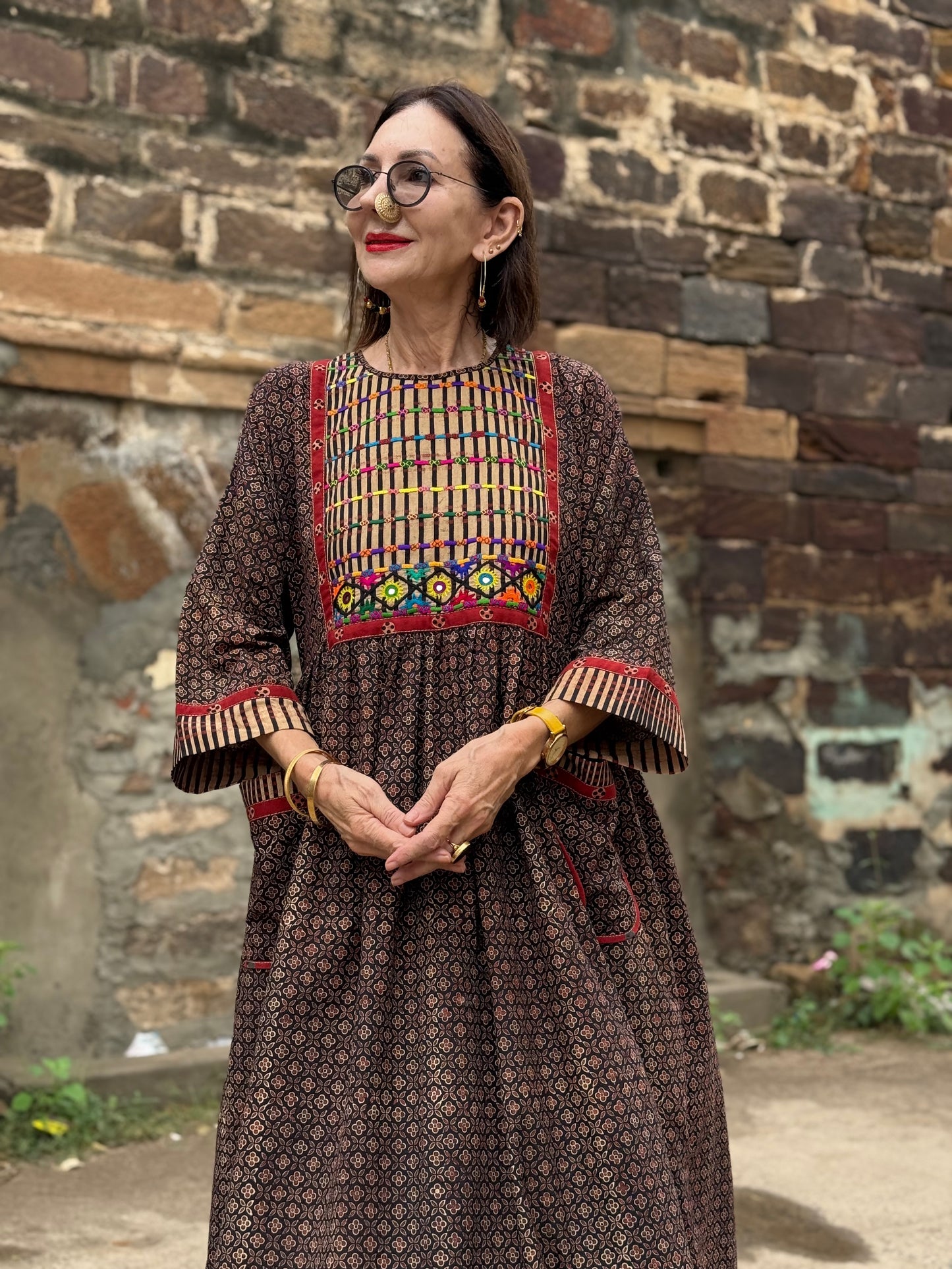 Ajrakh Cotton Dress with Kutch Hand Embroidery