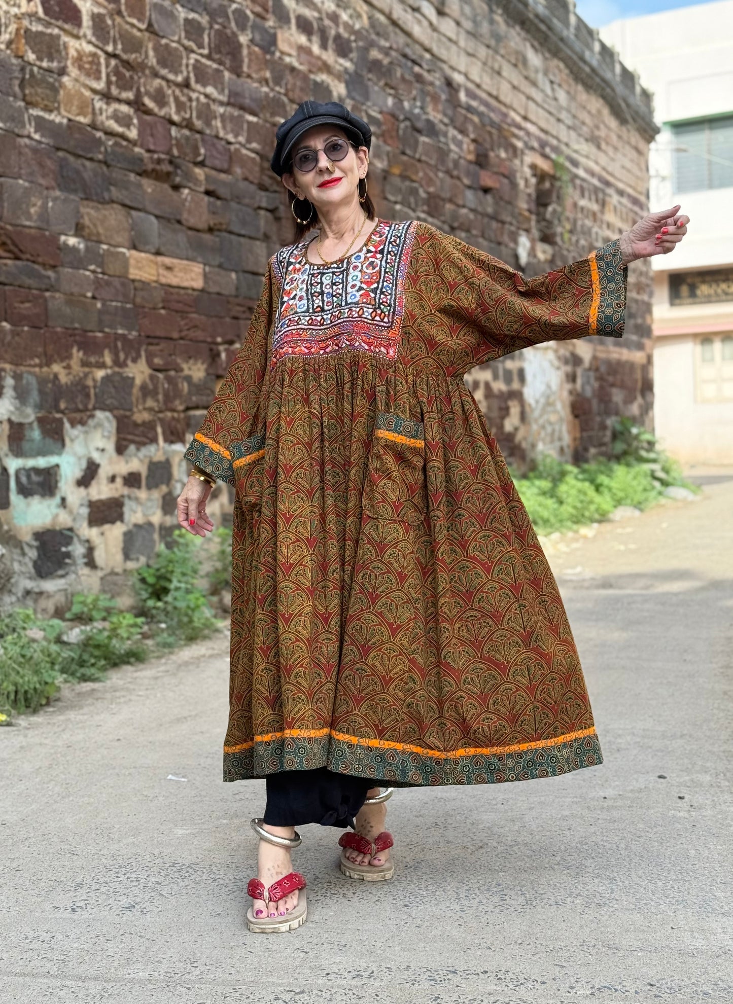 Collector’s Edition: Hand Block-Printed Boho Dress with Fine Kutch Embroidery