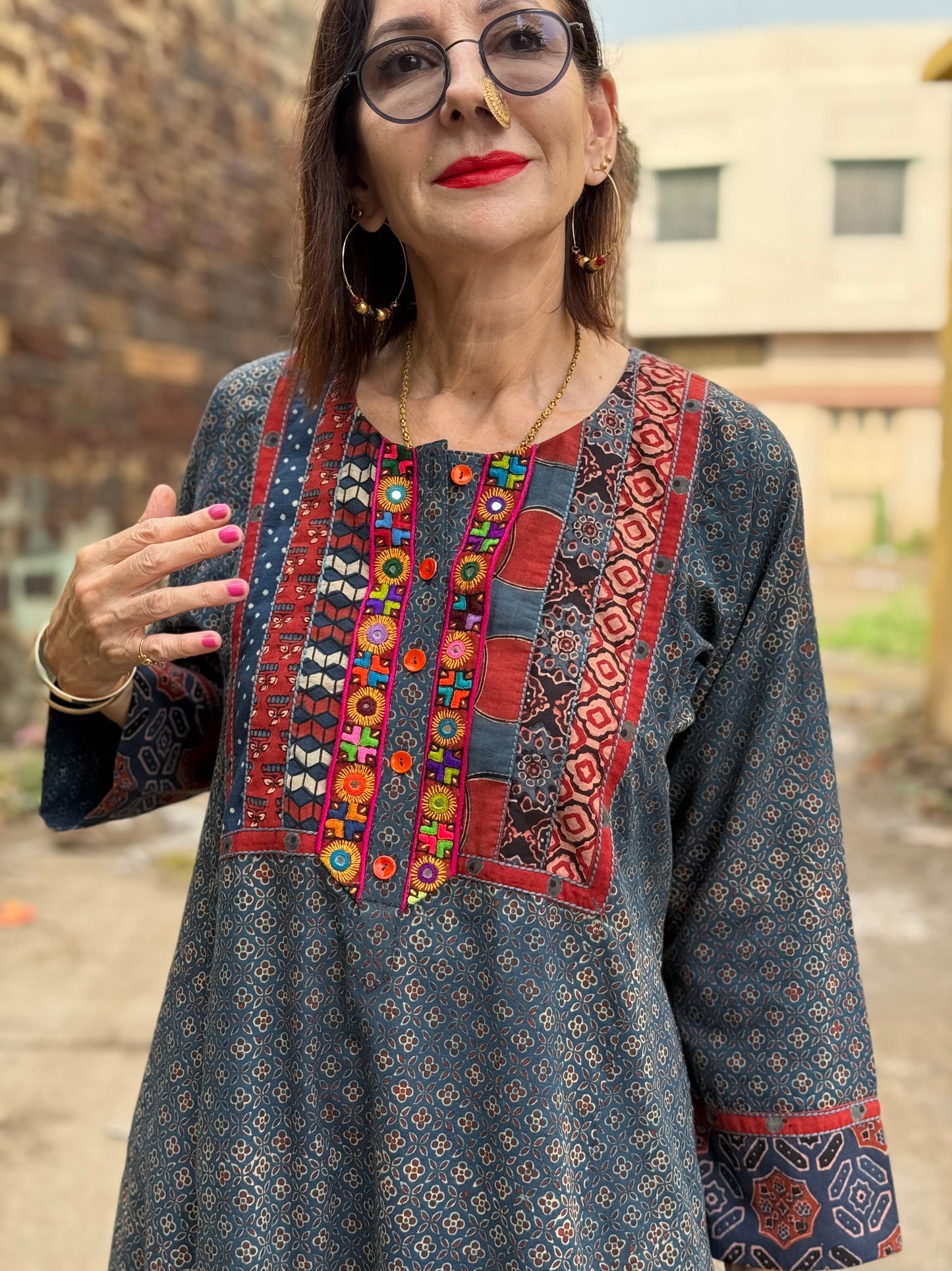 Indigo Ajrakh Kurta with Kutch Embroidery