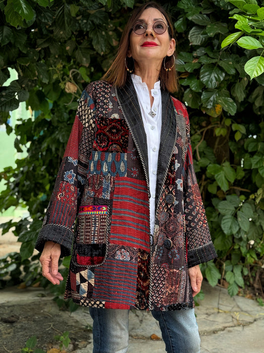 Hand quilted patchwork jacket of luxe Ajrakh