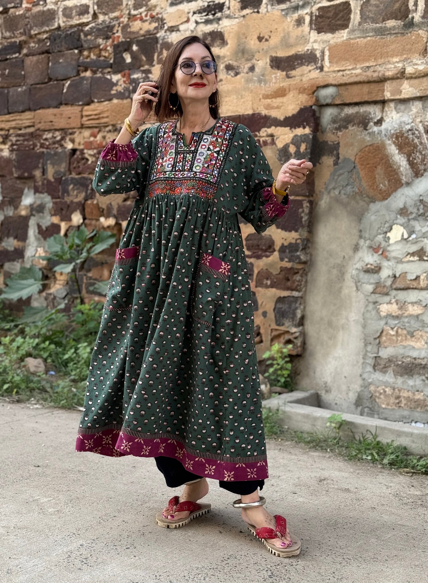 Statement Green Dress with Vintage Kutch Embroidery & Sparkle