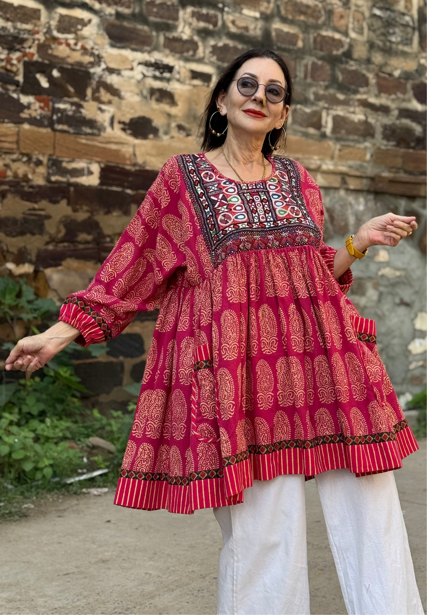 Reserved for Lynette. Vibrant paisley pink tunic with Kutch embroidery sparkle