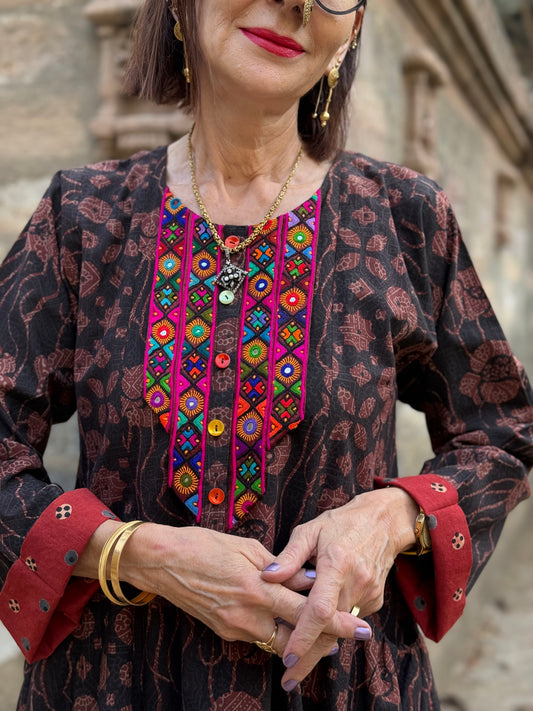 Cotton tunic, Ajrakh block printed with Indian mirror embroidery
