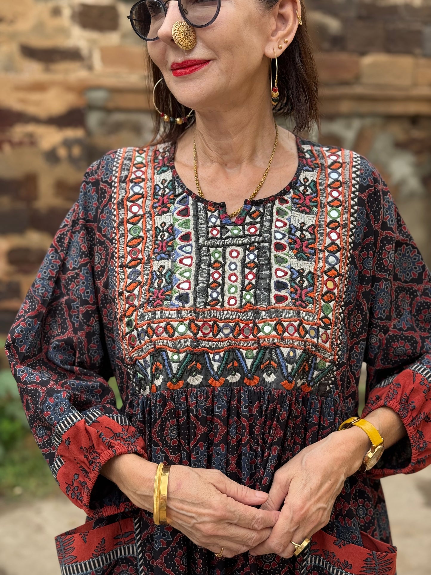 Dark indigo Ajrakh dress with fine Kutch hand embroidery