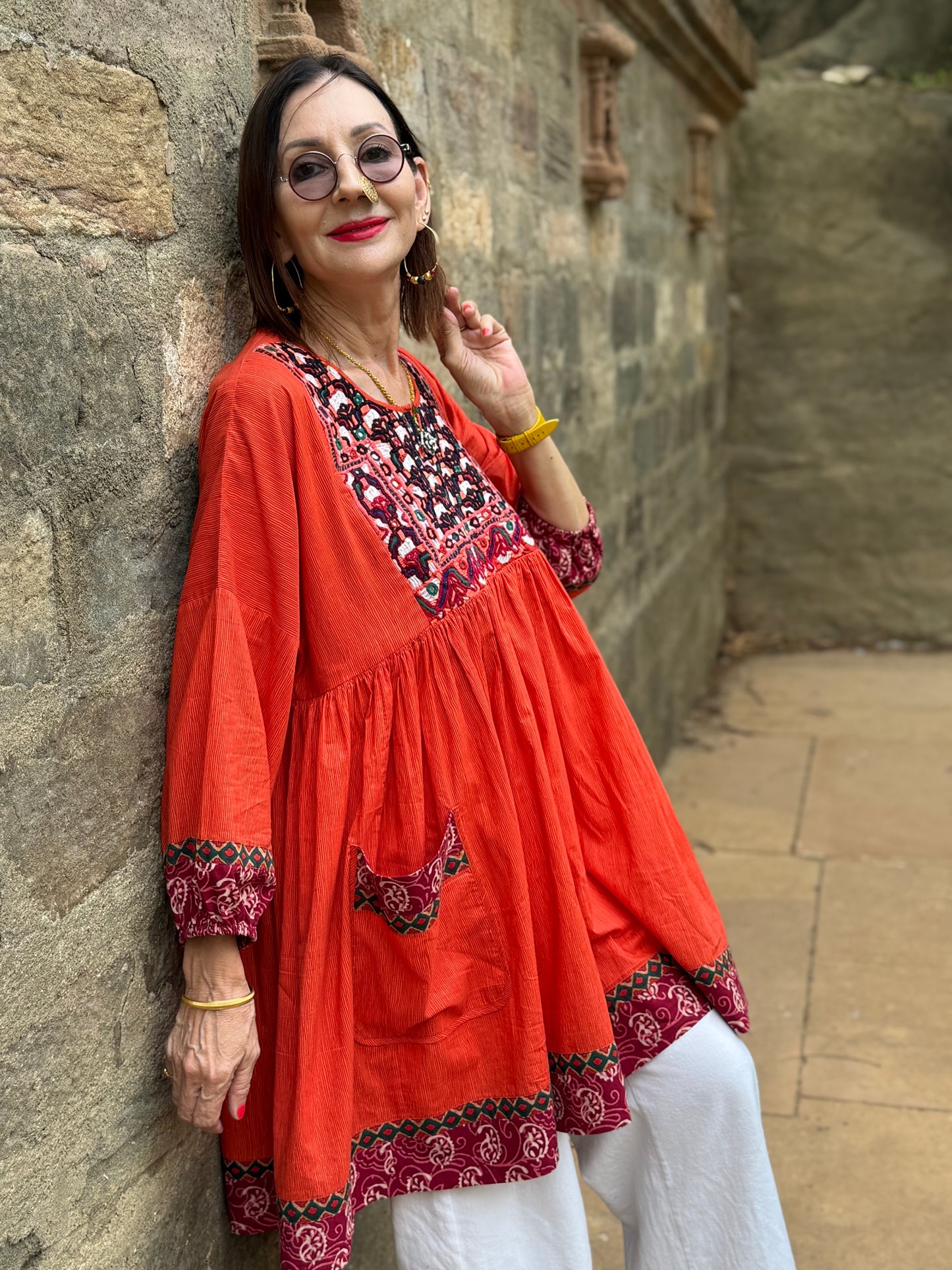 Kutch Tribal Embroidery Orange Cotton Tunic