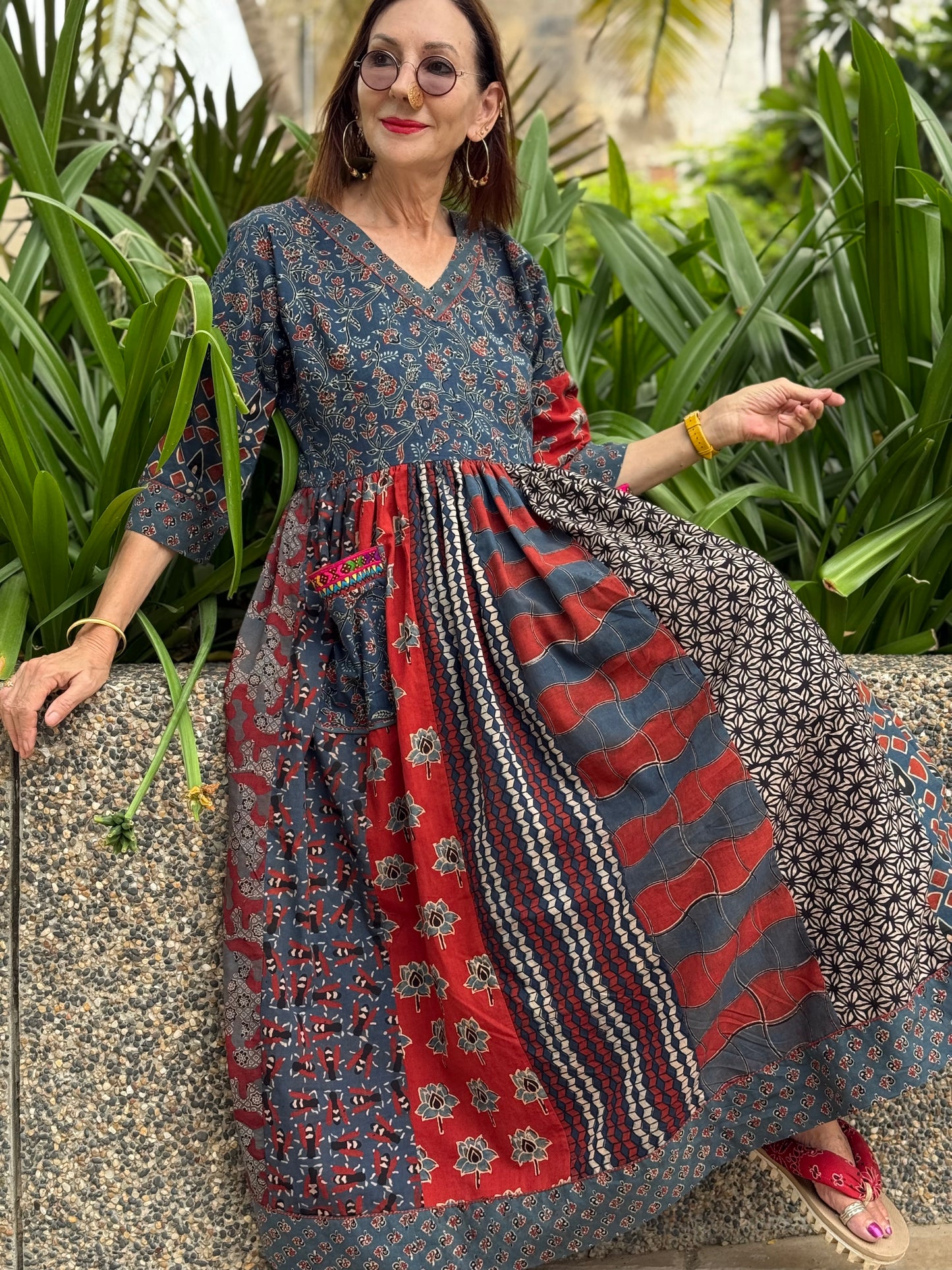 Indigo & Red Ajrakh Maxi Dress with Hand Embroidered Pockets