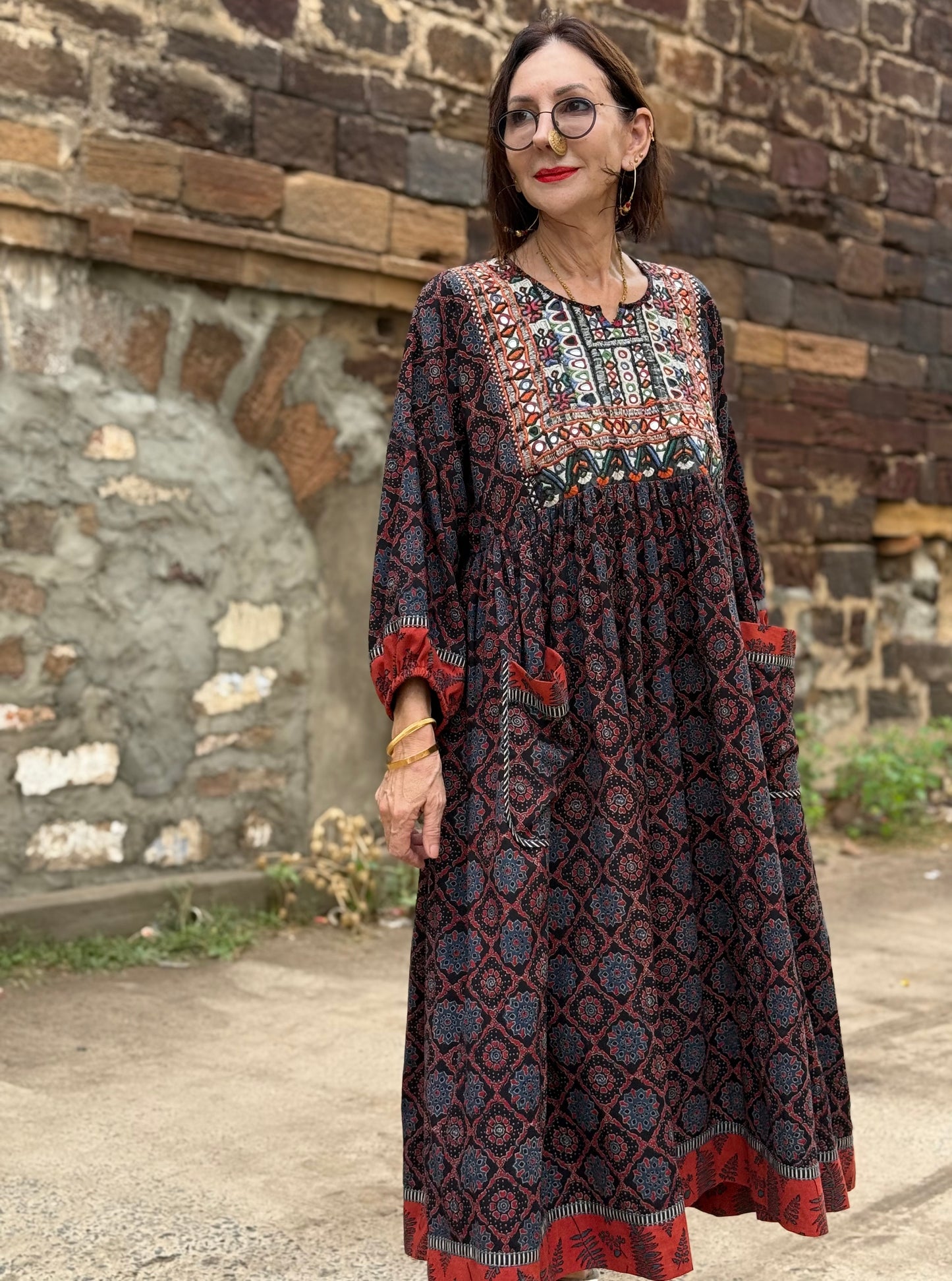 Dark indigo Ajrakh dress with fine Kutch hand embroidery