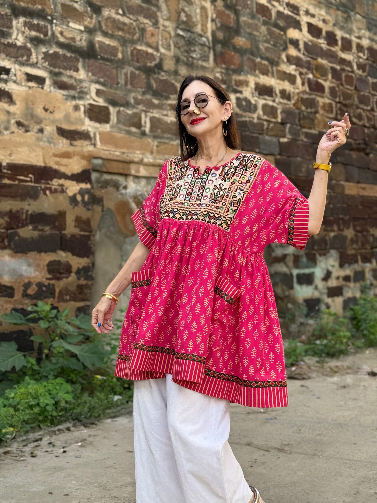 Reserved for Shanthini - Festive Pink Artisan Tunic with Mirror Embroidery