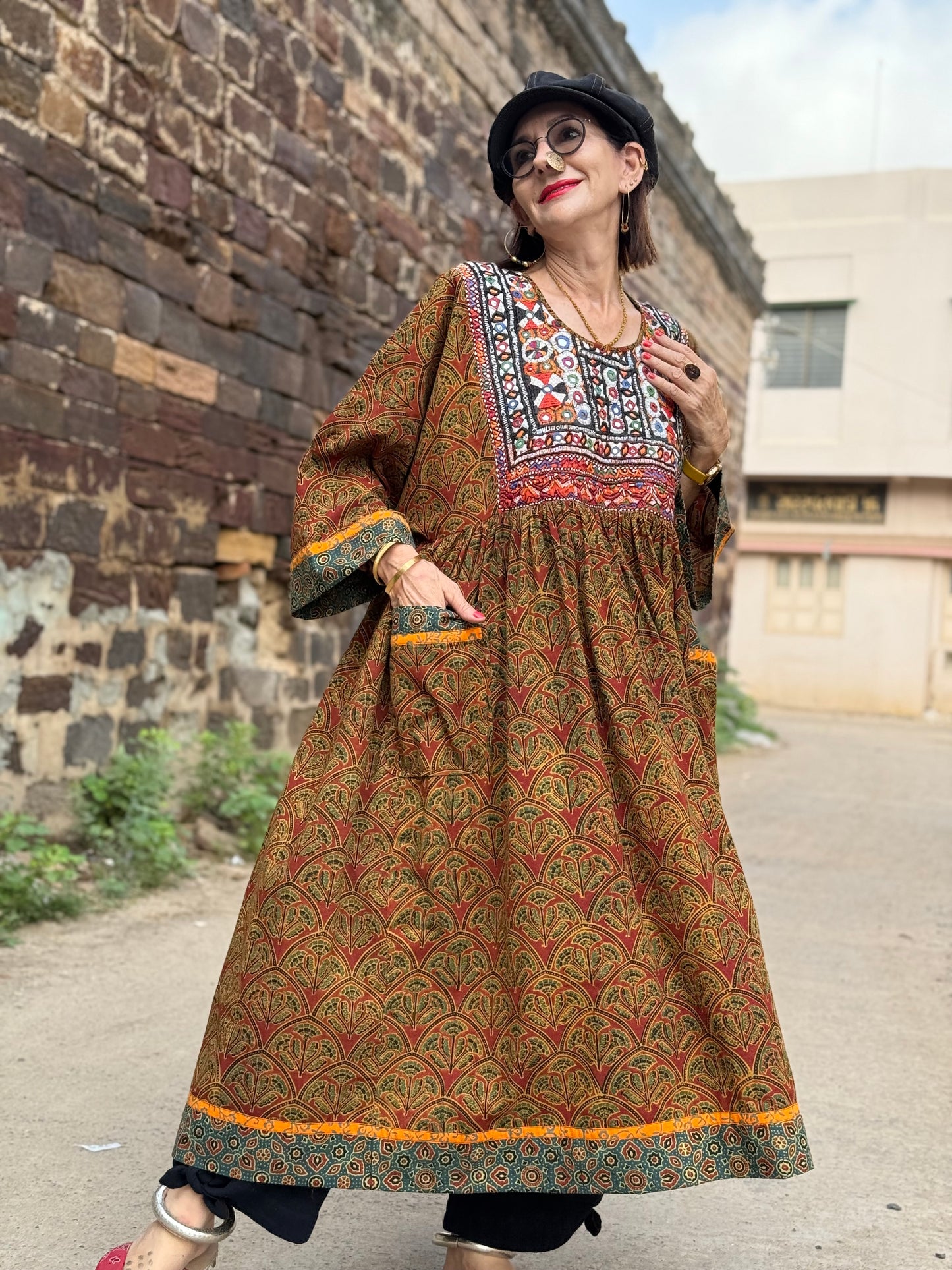 Collector’s Edition: Hand Block-Printed Boho Dress with Fine Kutch Embroidery