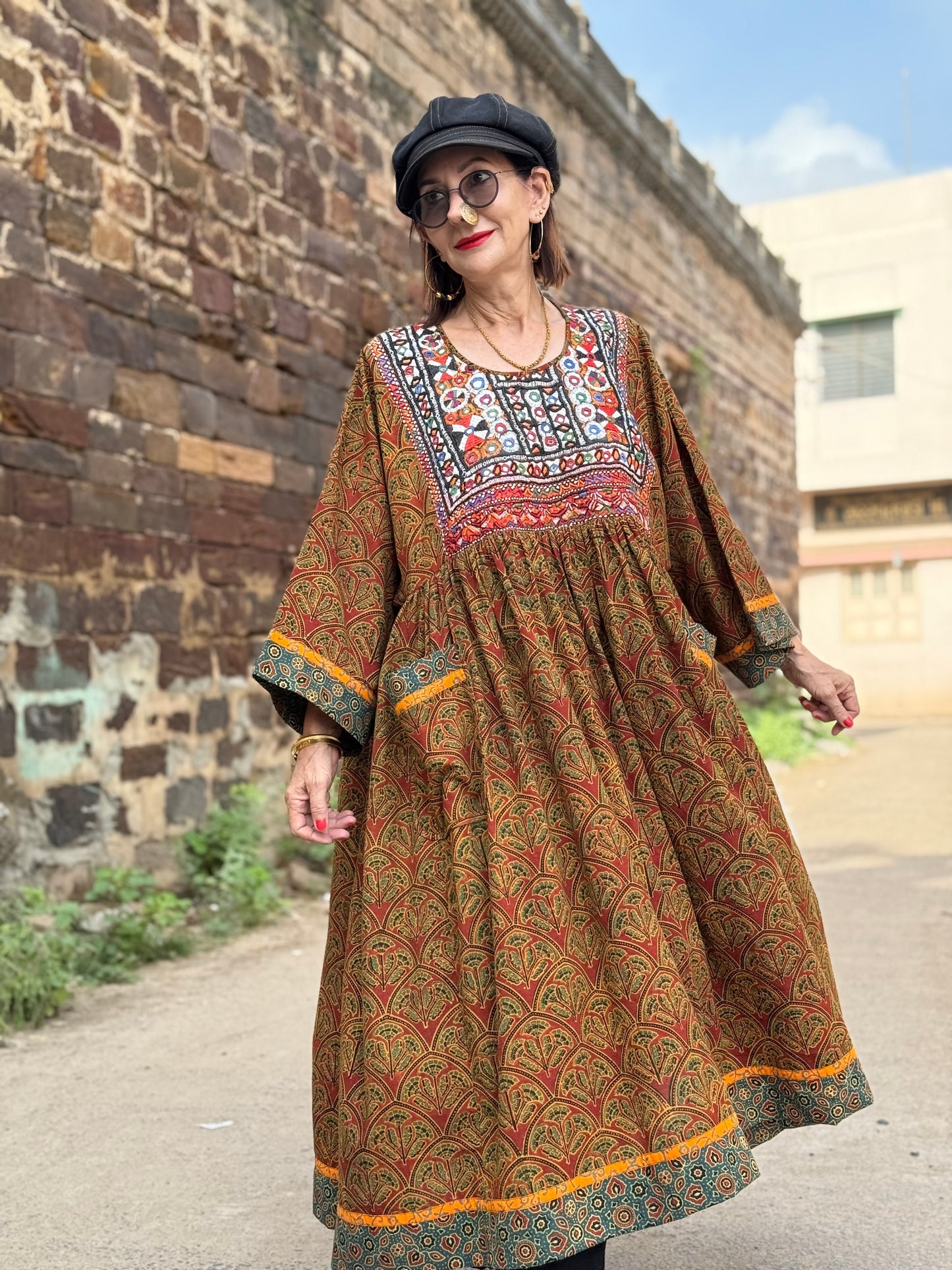 Collector’s Edition: Hand Block-Printed Boho Dress with Fine Kutch Embroidery