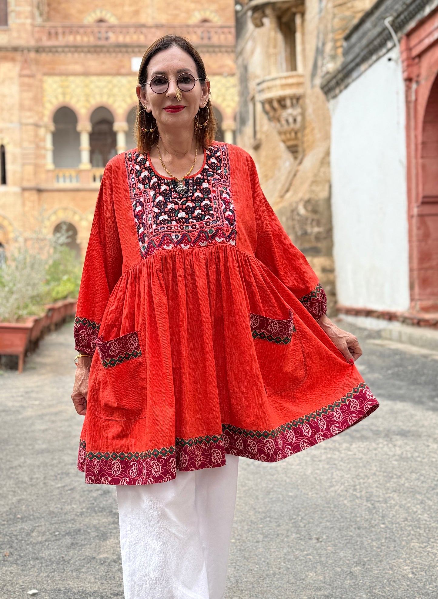 Kutch Tribal Embroidery Orange Cotton Tunic