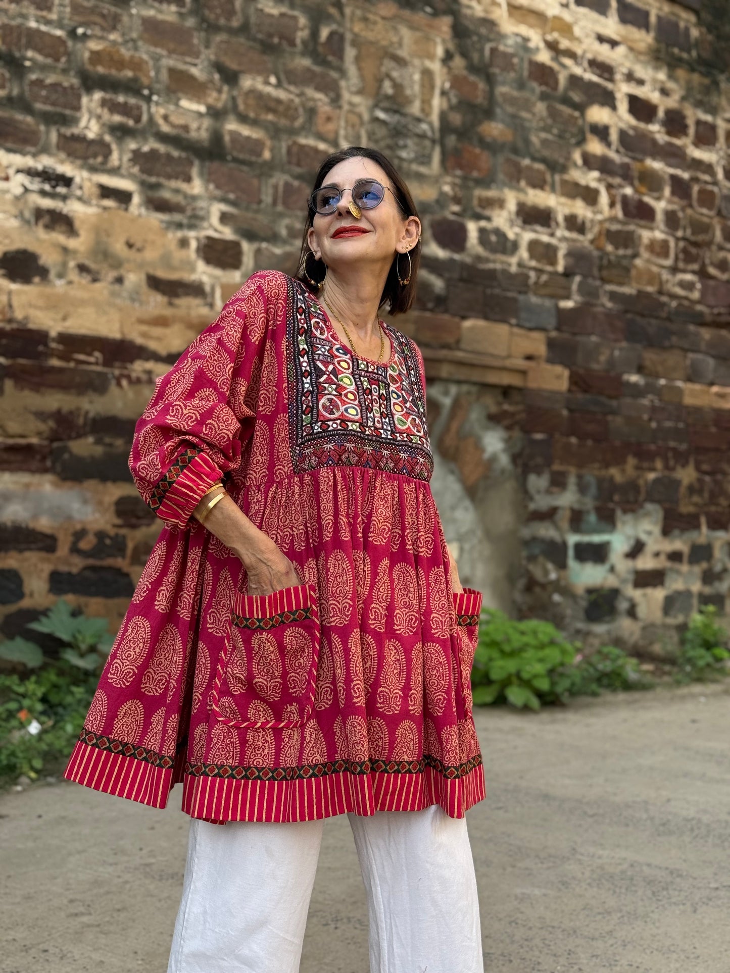 Reserved for Lynette. Vibrant paisley pink tunic with Kutch embroidery sparkle