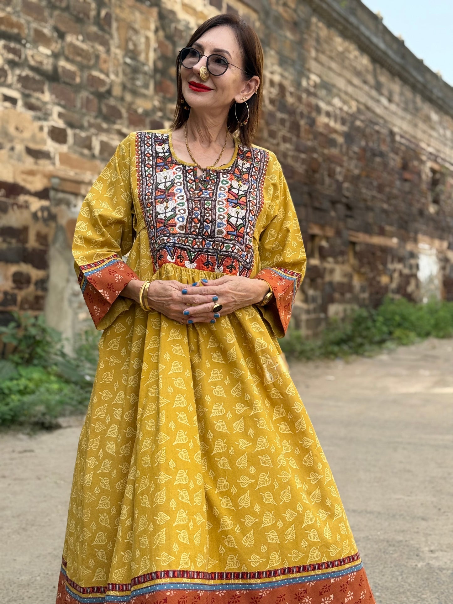 Hand Printed Organic Cotton Dress with Vintage Kutch Embroidery – Yellow Boho Midi Dress with Pockets