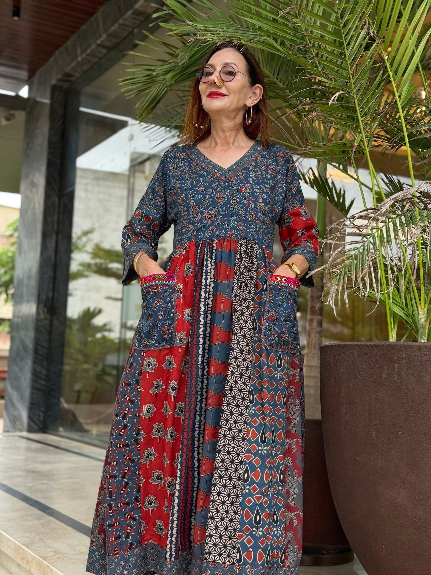 Indigo & Red Ajrakh Maxi Dress with Hand Embroidered Pockets