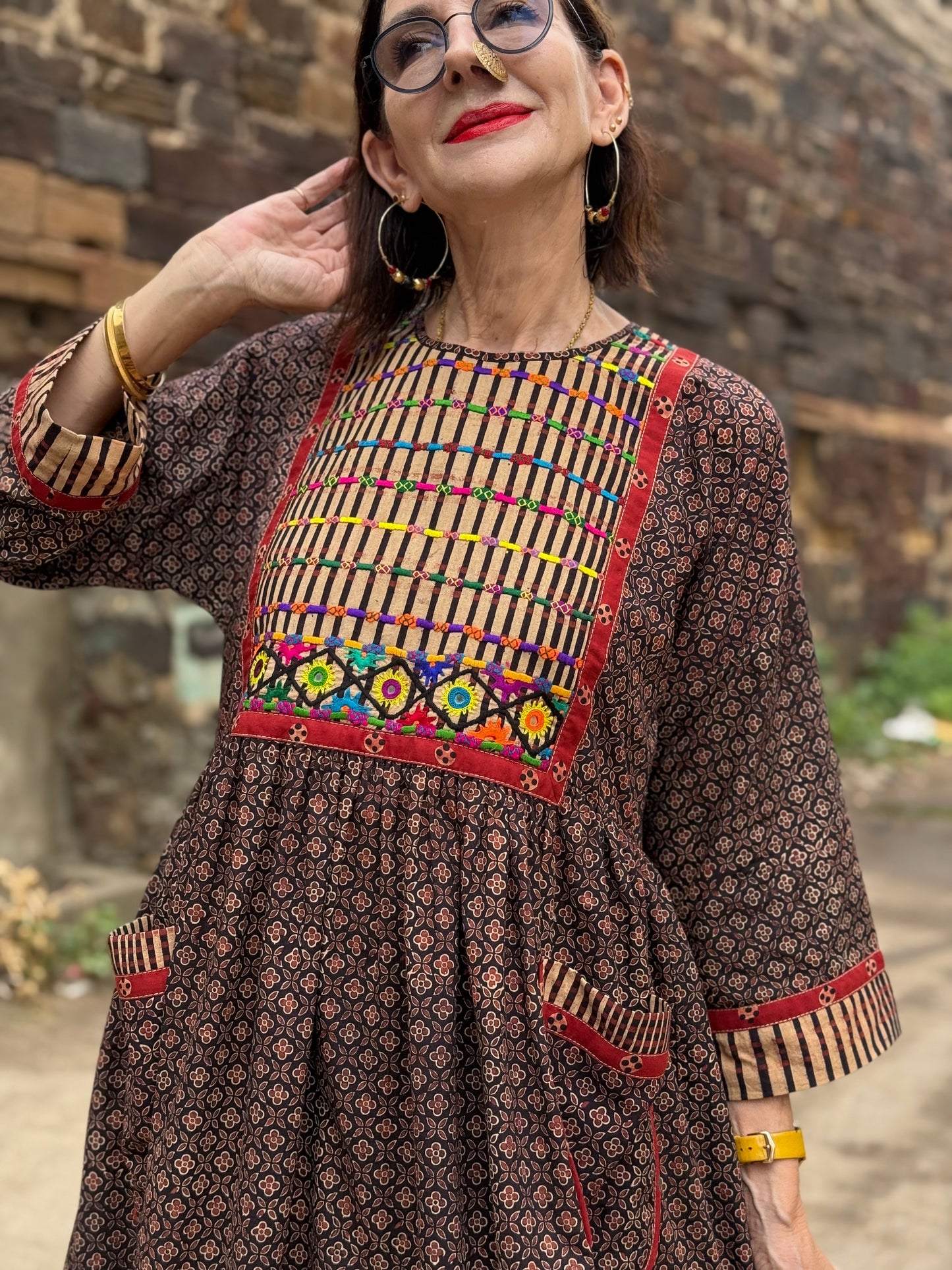 Ajrakh Cotton Dress with Kutch Hand Embroidery
