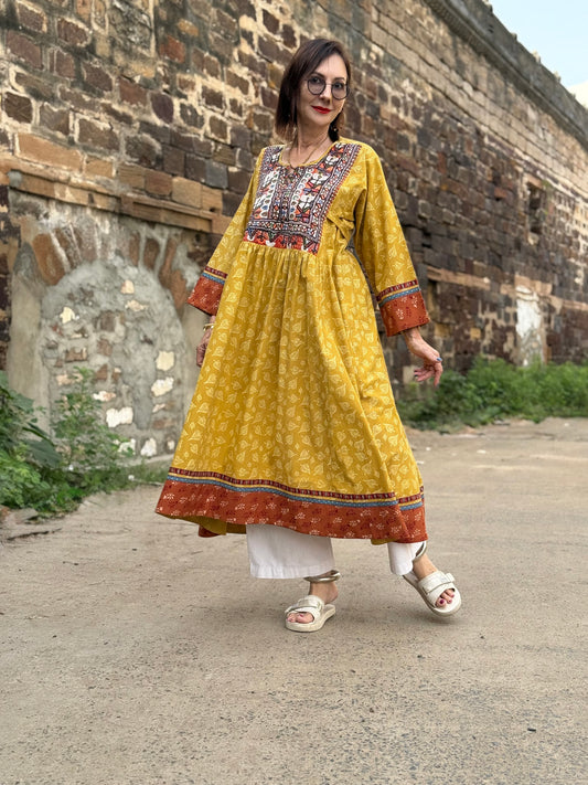 Hand Printed Organic Cotton Dress with Vintage Kutch Embroidery – Yellow Boho Midi Dress with Pockets