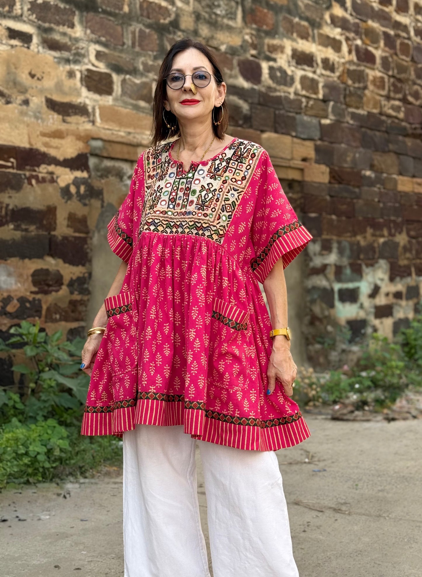 Reserved for Shanthini - Festive Pink Artisan Tunic with Mirror Embroidery