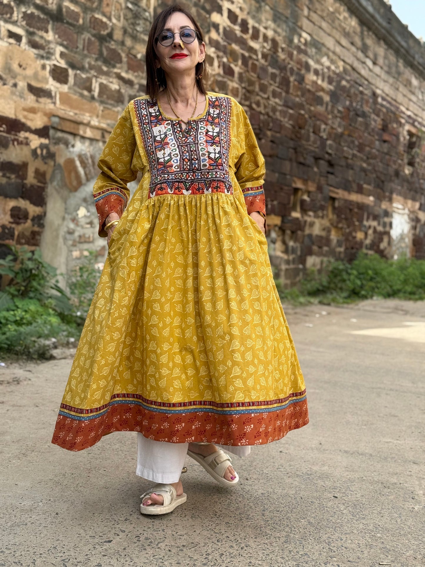 Hand Printed Organic Cotton Dress with Vintage Kutch Embroidery – Yellow Boho Midi Dress with Pockets