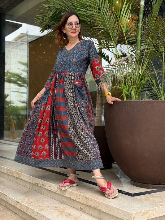 Indigo & Red Ajrakh Maxi Dress with Hand Embroidered Pockets