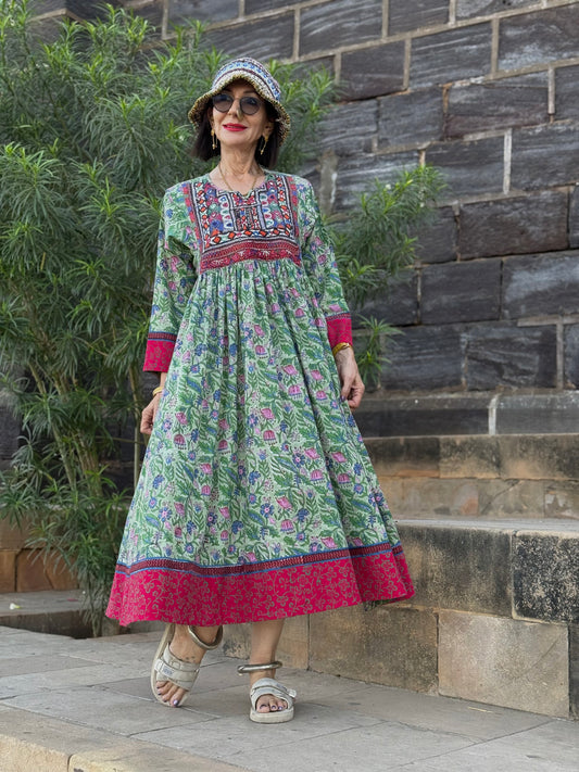 Green Cotton Floral Dress with Indian Shisha Embroidery, Special Occasion Wear