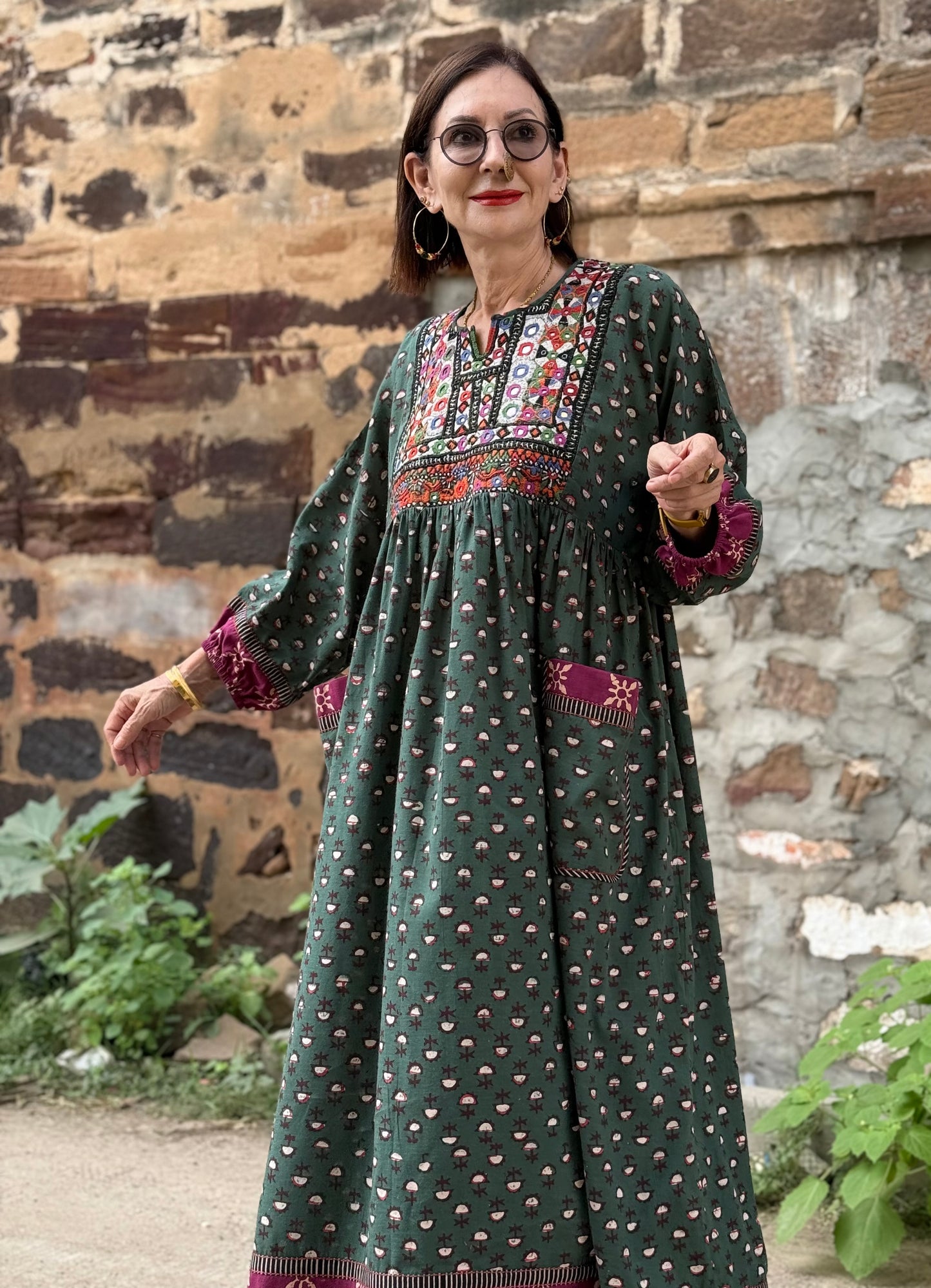 Statement Green Dress with Vintage Kutch Embroidery & Sparkle