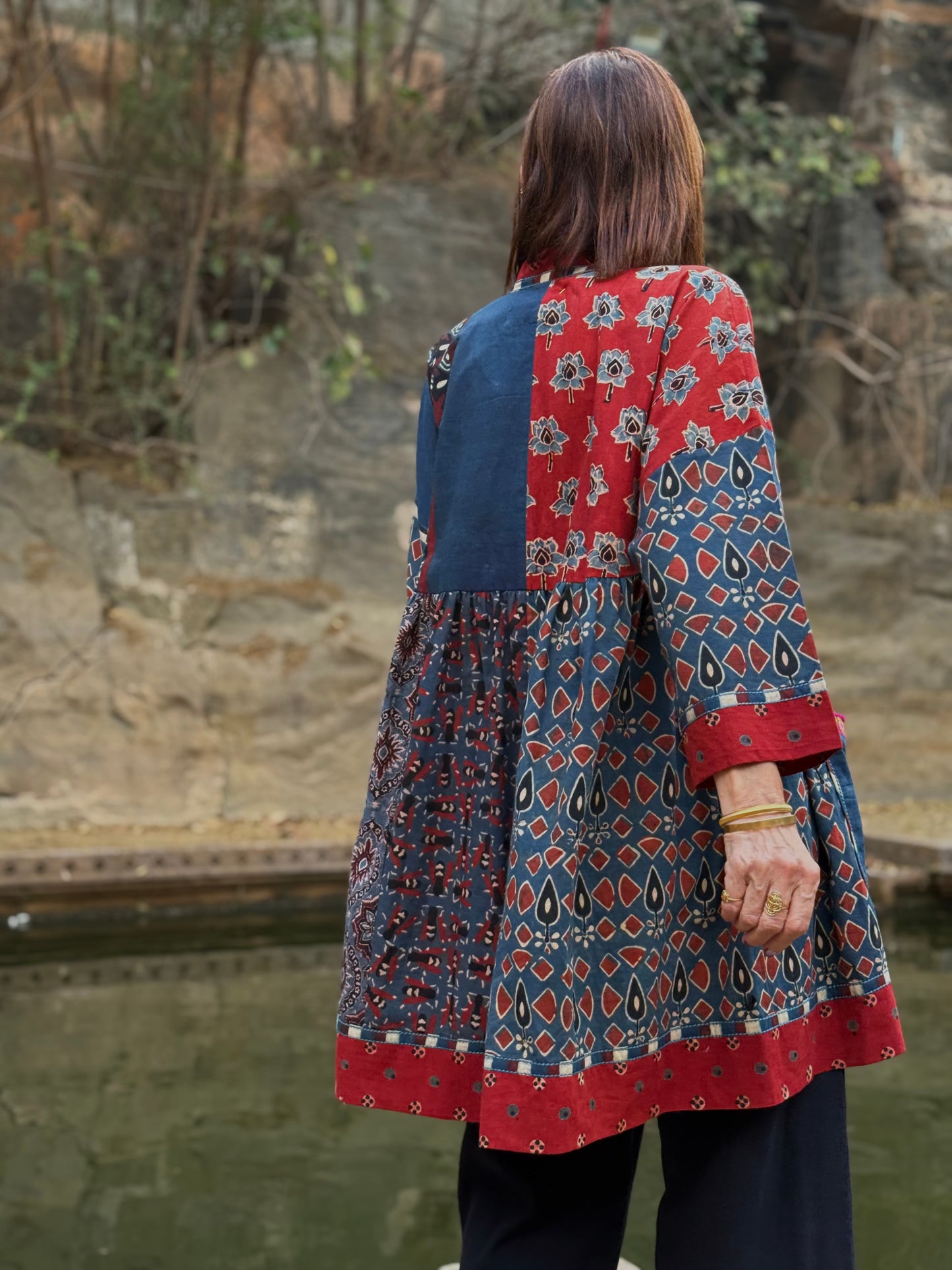 Cotton Ajrakh kaftan tunic with embroidery