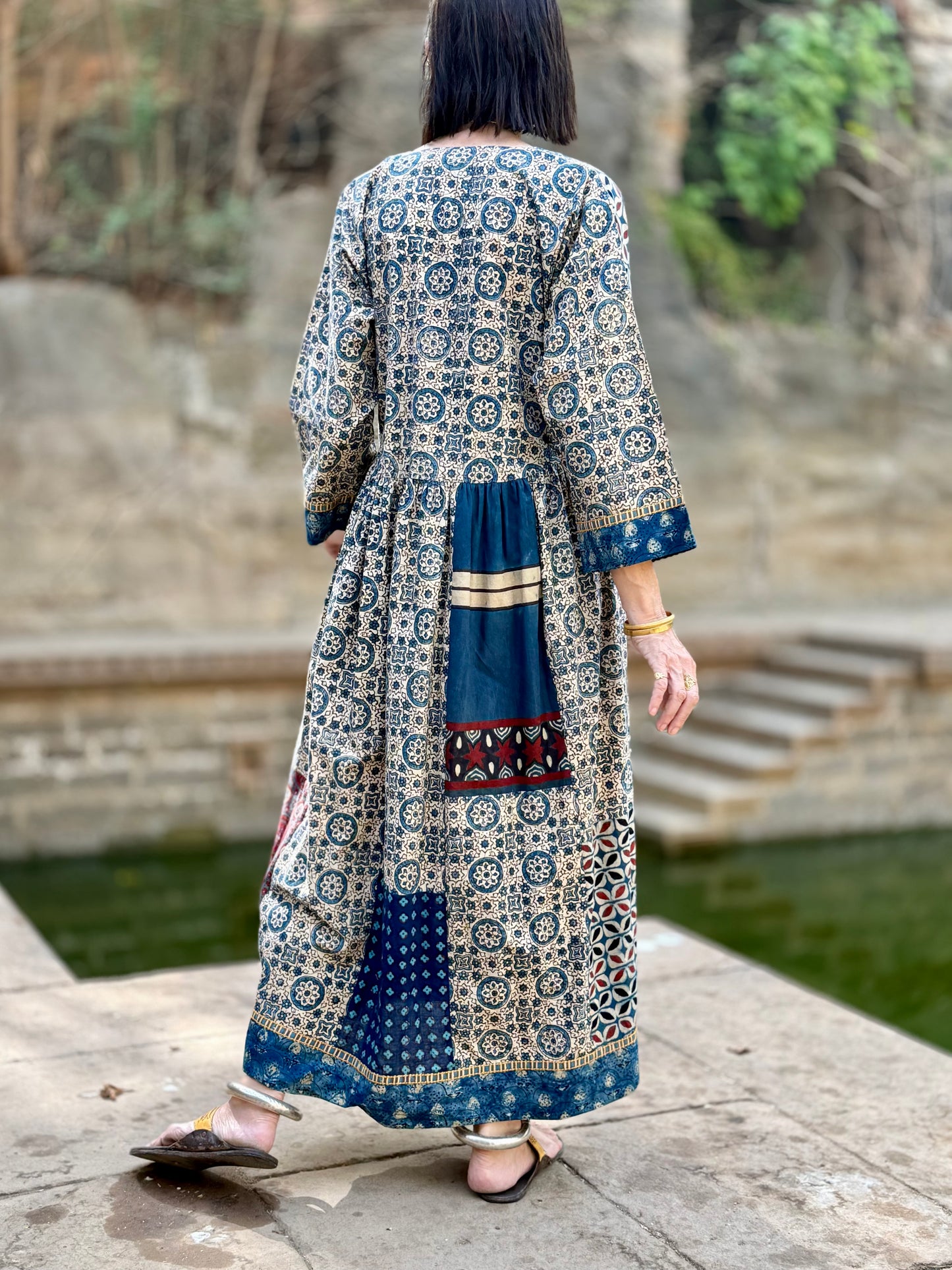 Indigo Cotton Patch Dress with Kutch Embroidery