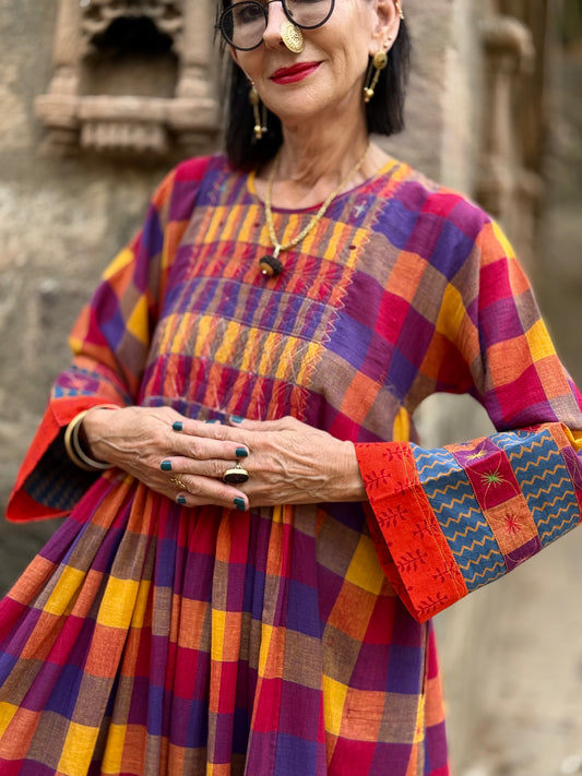 Colorful Cotton Check Designer Dress with Smocked Bodice