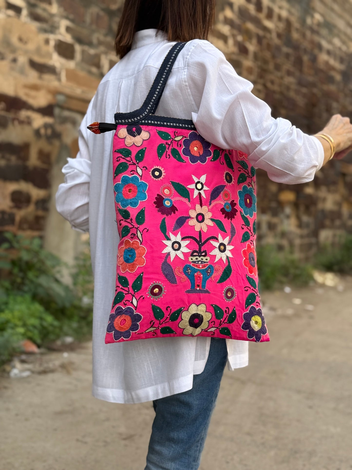 Happy Pink Kutch Tote – Hand Embroidered with Cheerful Flowers