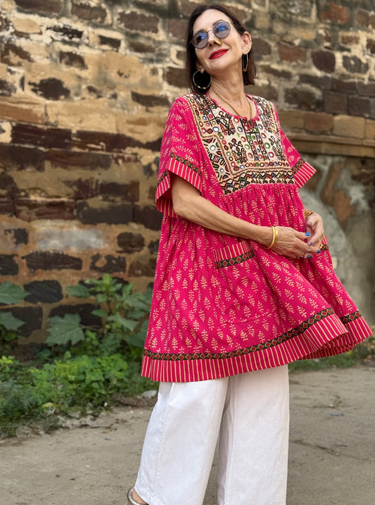 Reserved for Shanthini - Festive Pink Artisan Tunic with Mirror Embroidery