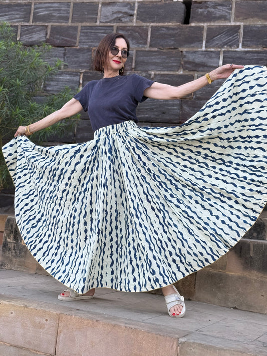 Blue & White Stripe Indigo Midi Skirt Block from Printed Cotton Twirl Skirt