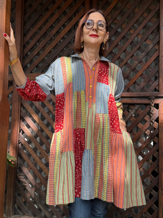 Colorful tiered shirt in Khadi cotton checks, stripe and floral print