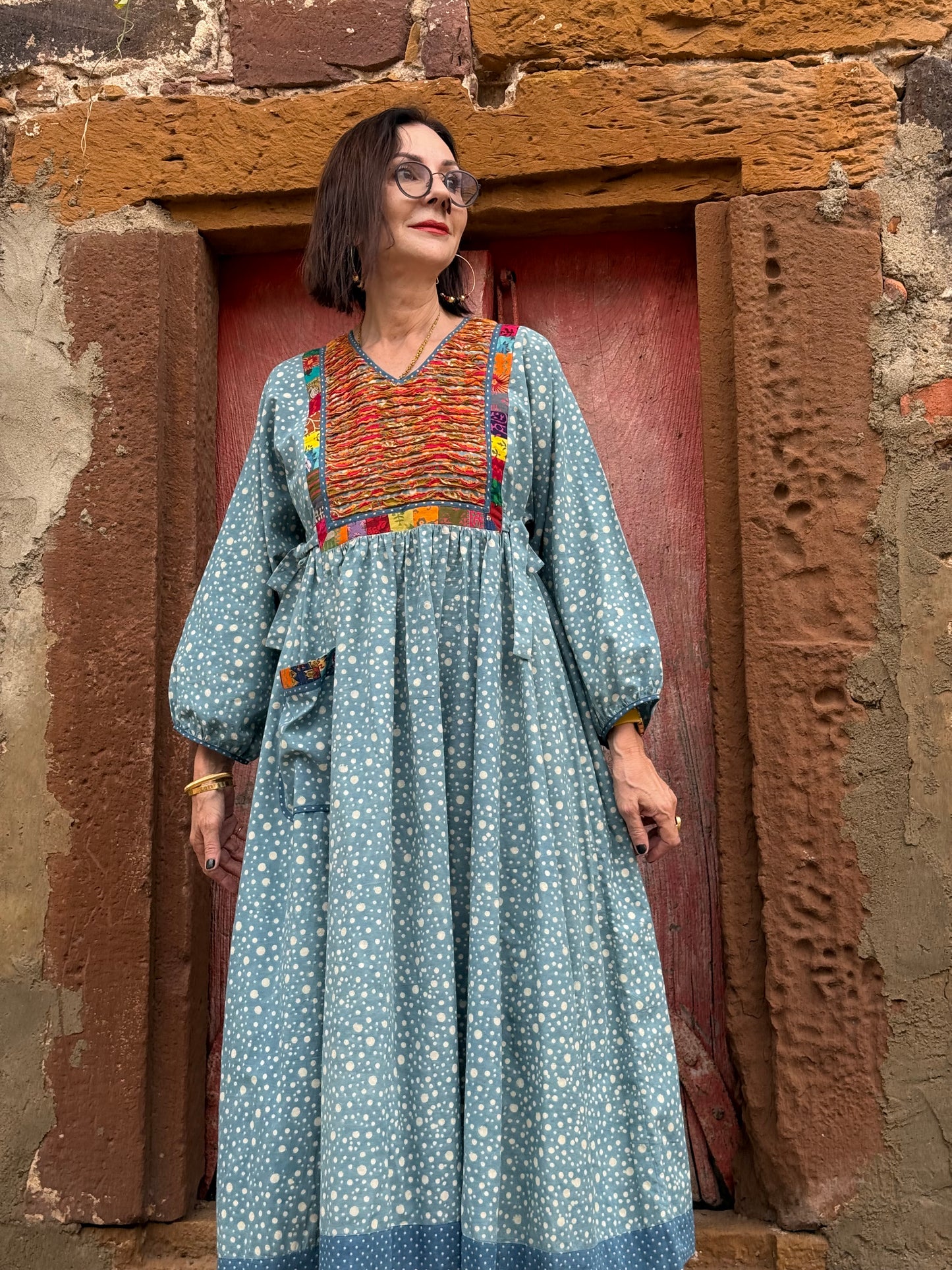 Handcrafted Ajrakh Block Print Dress with Appliqué Details