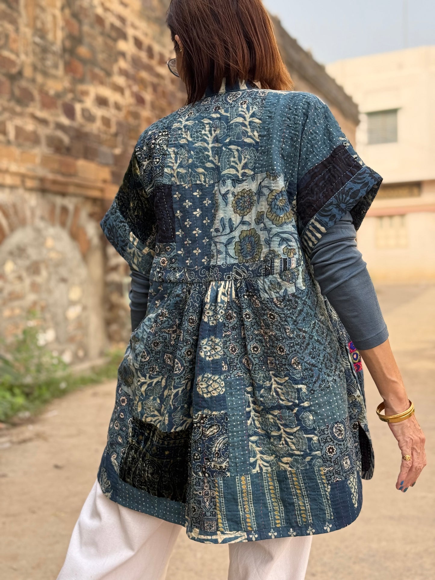 Midnight Indigo Patchwork Vest with Kutch Embroidery