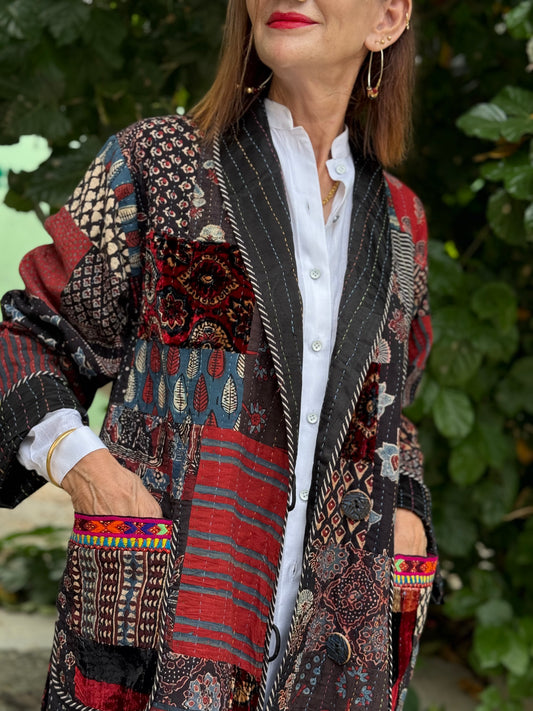 Hand quilted patchwork jacket of luxe Ajrakh