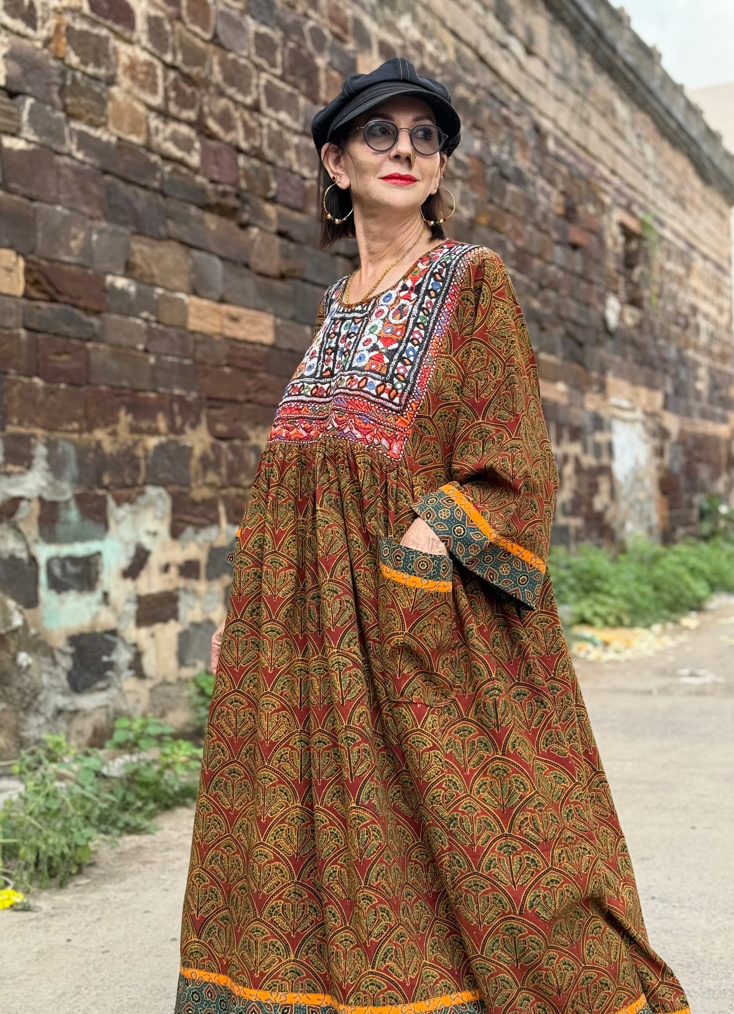 Collector’s Edition: Hand Block-Printed Boho Dress with Fine Kutch Embroidery