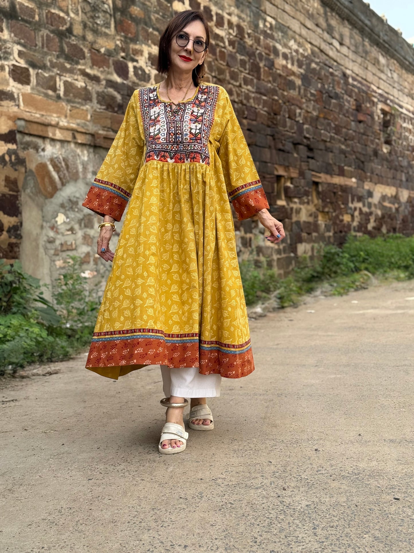 Hand Printed Organic Cotton Dress with Vintage Kutch Embroidery – Yellow Boho Midi Dress with Pockets
