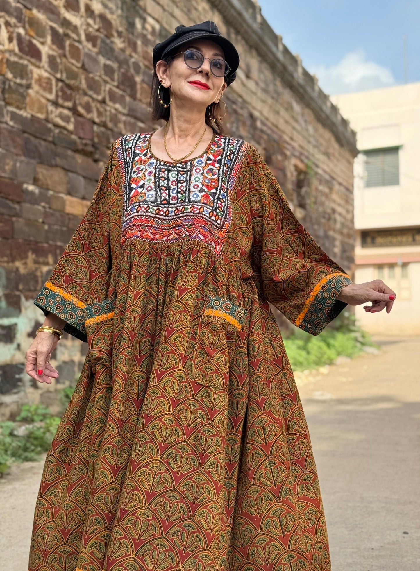 Collector’s Edition: Hand Block-Printed Boho Dress with Fine Kutch Embroidery