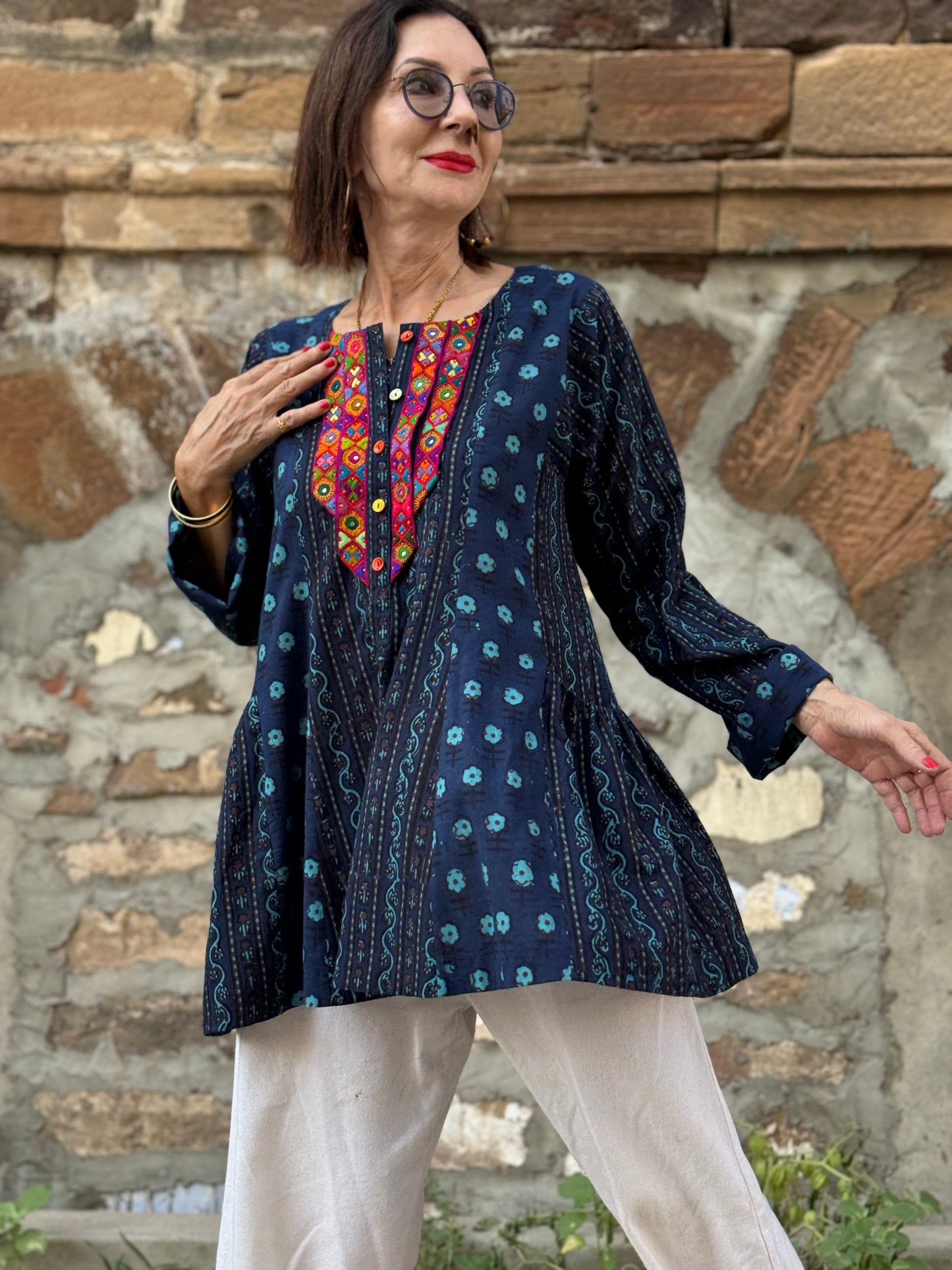 Cotton tunic, hand embroidered with vibrant Kutch needlework bodice