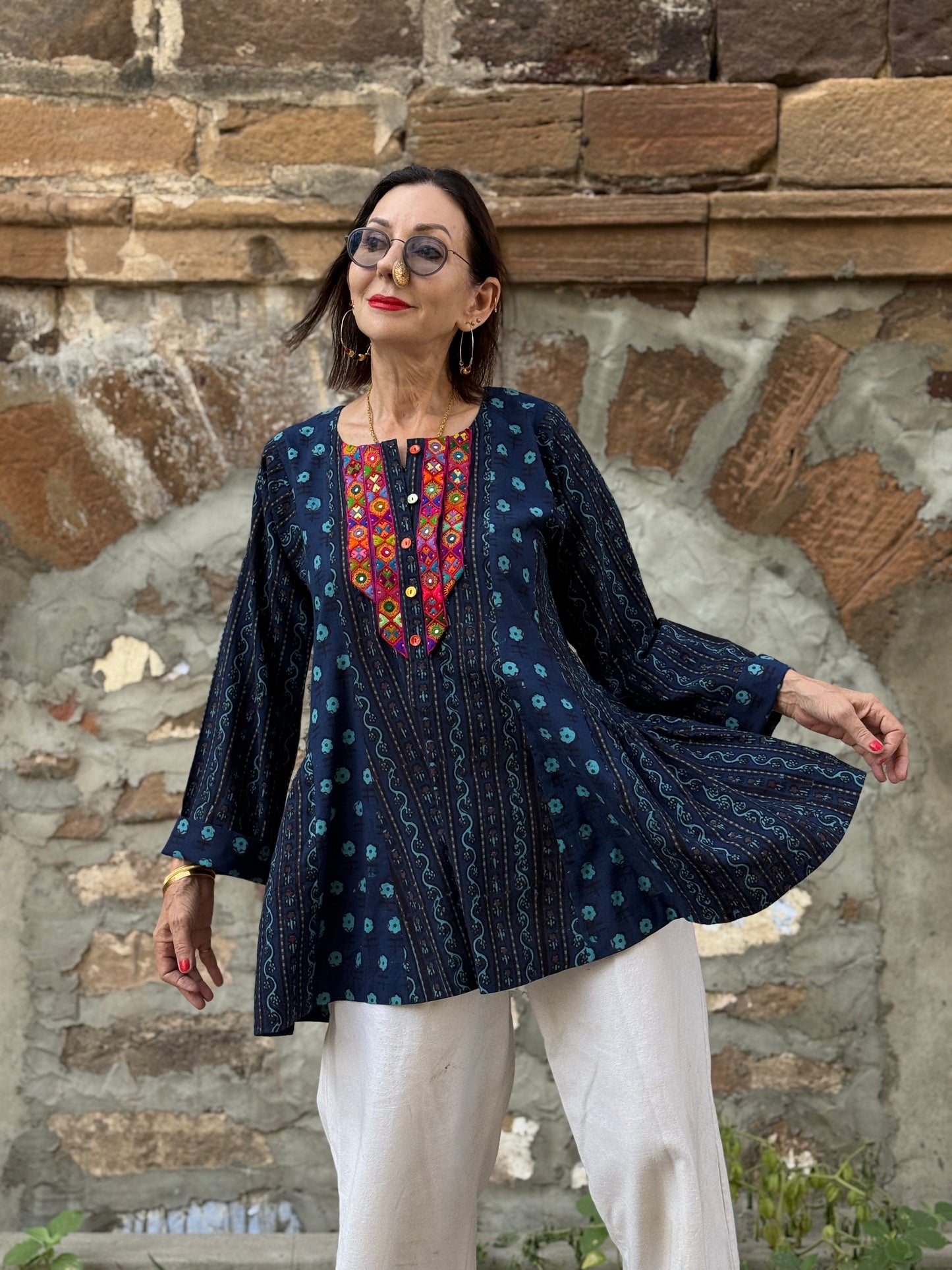 Cotton tunic, hand embroidered with vibrant Kutch needlework bodice
