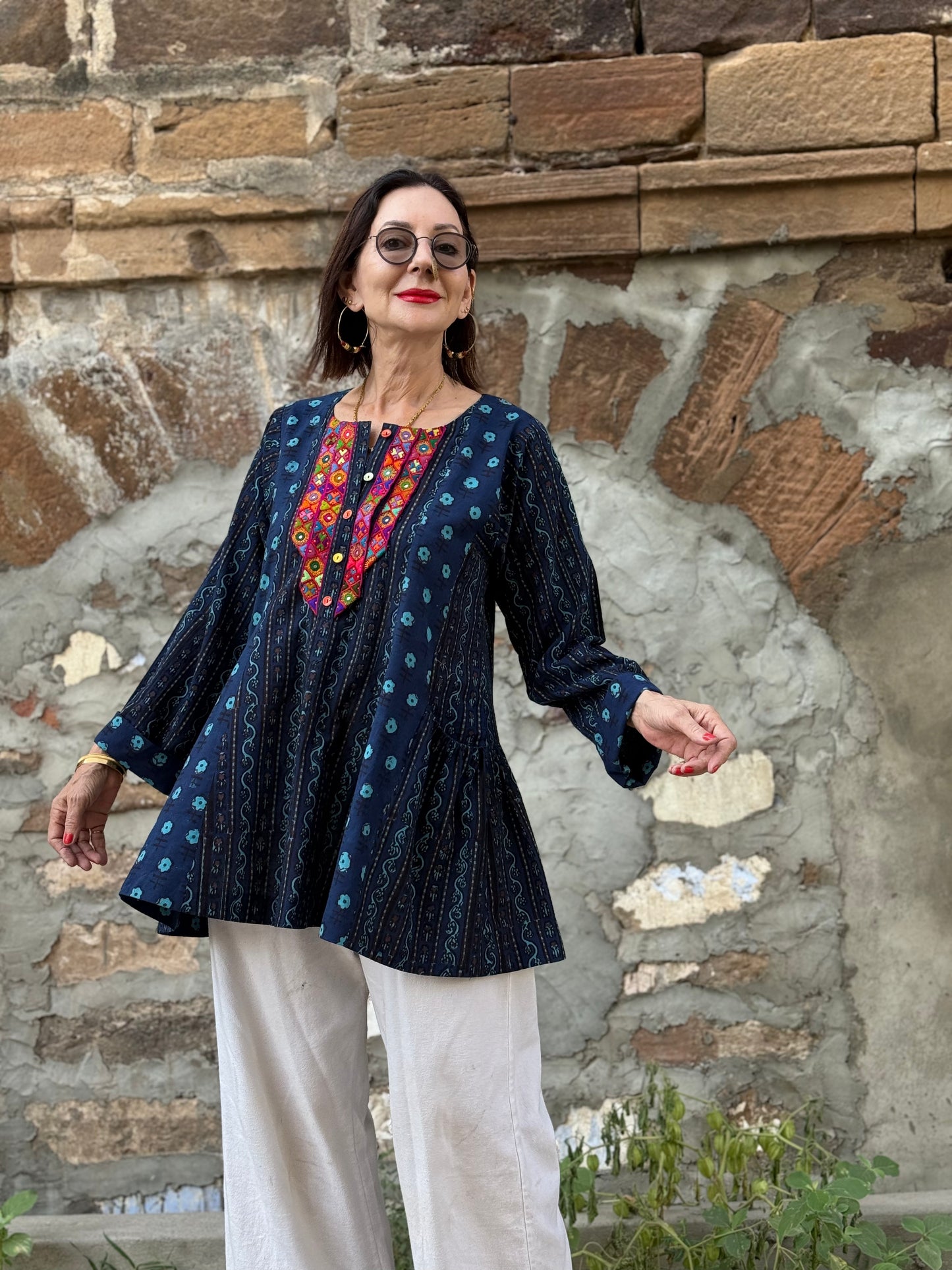 Cotton tunic, hand embroidered with vibrant Kutch needlework bodice