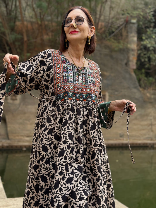 One of a kind - Cotton Dress with Vintage Kutch Embroidery & Mirror Sparkle