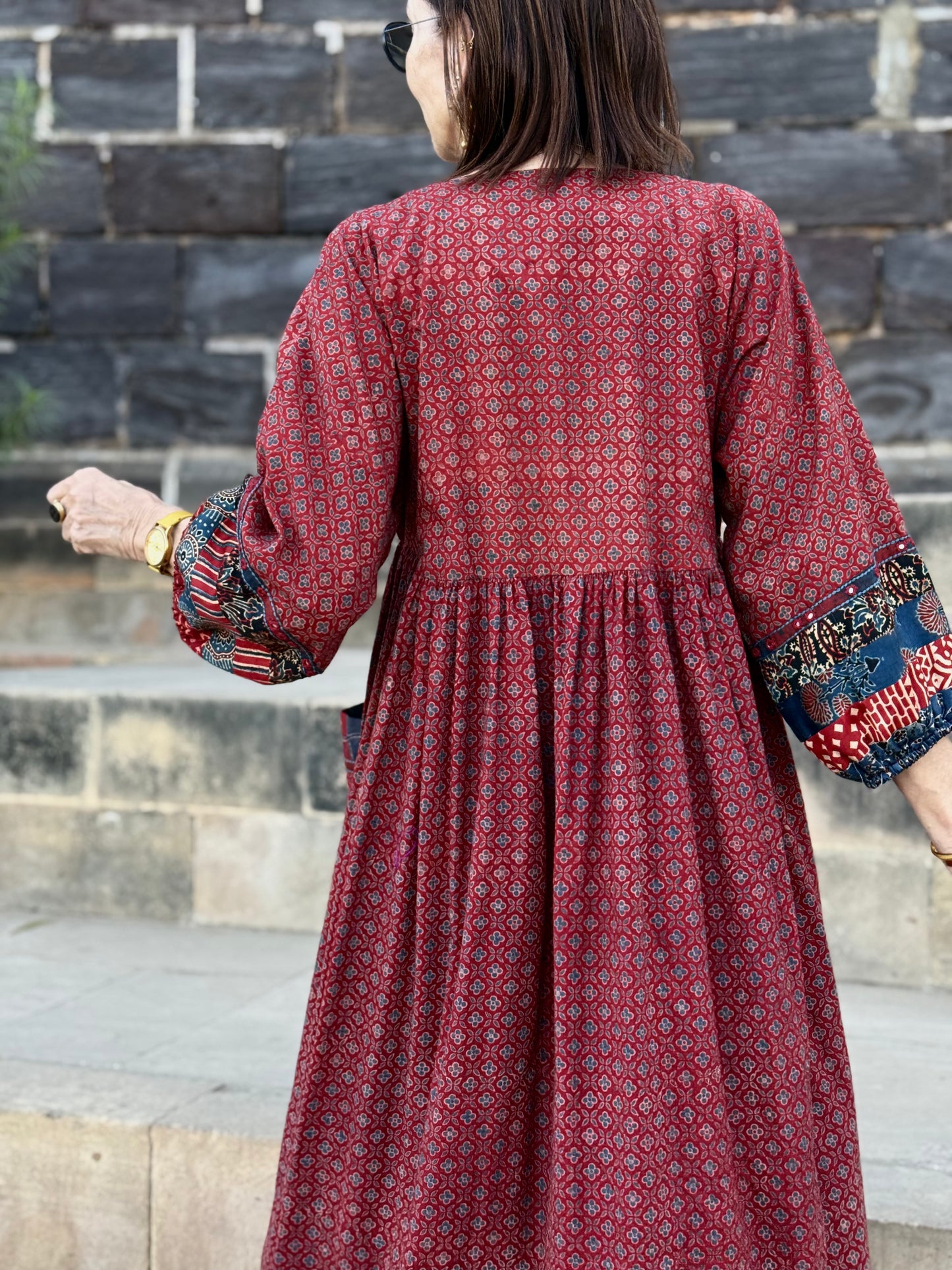 Red Ajrakh cotton dress with mirror embroidery