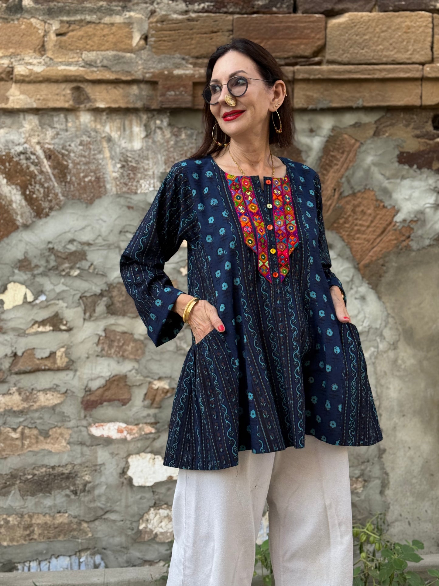 Cotton tunic, hand embroidered with vibrant Kutch needlework bodice