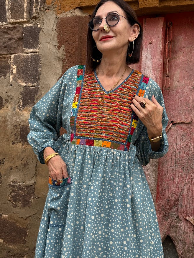 Handcrafted Ajrakh Block Print Dress with Appliqué Details