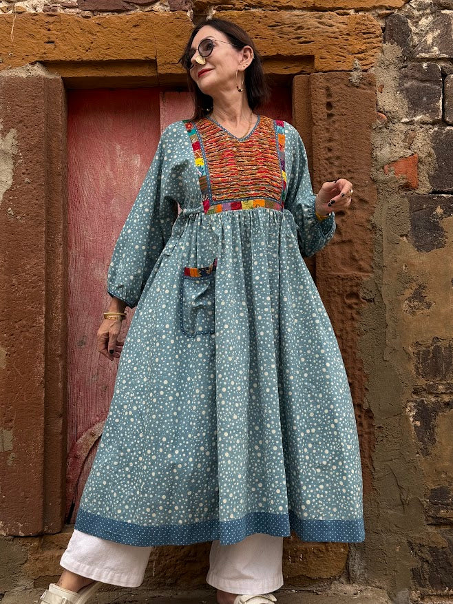 Handcrafted Ajrakh Block Print Dress with Appliqué Details
